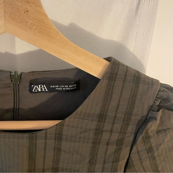 Zara- Plaid Olive Green Ruched Dress (new without tags) - Picture 6 of 6